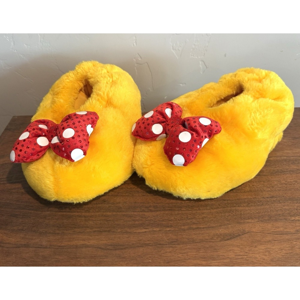 DISNEY Minnie Mouse Yellow Plush Slippers Red Sequin Polka Dot Bow Adult Small